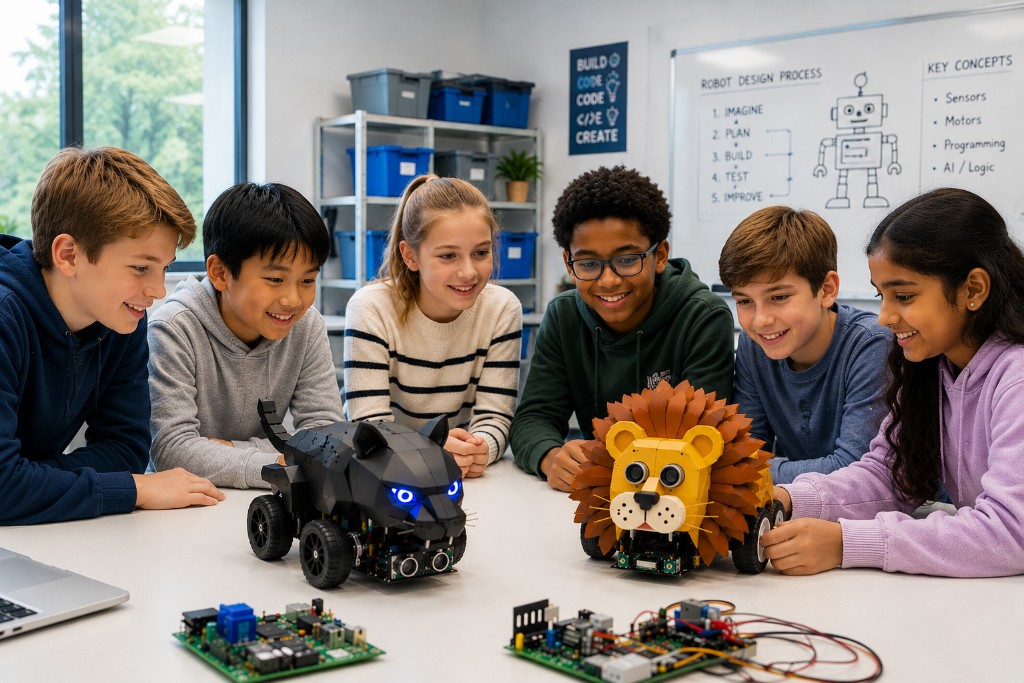 Students building lion and panther robots together